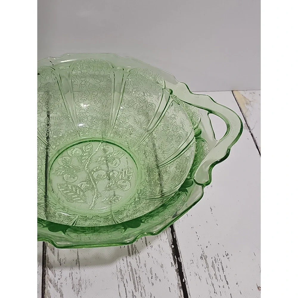 VTG Jeanette Cherry Blossom Green Depression Glass Serving Bowl with handles